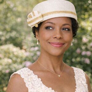 White Pillbox Hat Gold Trim Bow VTG August Accessories Church Derby Fascinator